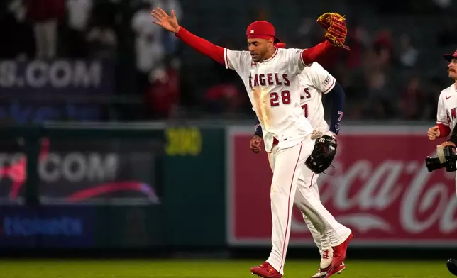 Los Angeles Angels' Jose Siri celebrates after the Angels defeated the against the Colorado Rockies in a baseball game Wednesday, June 3, 2026, in Anaheim, Calif. (AP Photo/Mark J. Terrill)