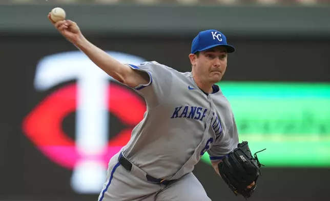 Kansas City Royals starting pitcher Seth Lugo delivers during the first inning of a baseball game against the Minnesota Twins, Thursday, June 4, 2026, in Minneapolis. (AP Photo/Abbie Parr)