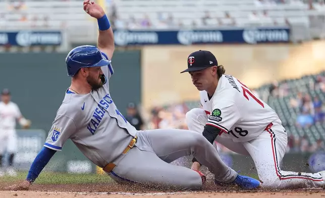 Kansas City Royals' Nick Loftin, left, beats a tag by Minnesota Twins starting pitcher Andrew Morris (78) to score during the second inning of a baseball game Thursday, June 4, 2026, in Minneapolis. (AP Photo/Abbie Parr)