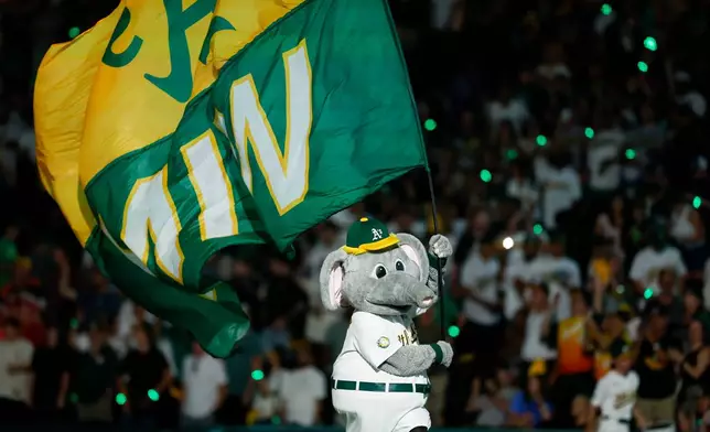 The Athletics' mascot Stomper runs on the field with a flag following the teams victory over the Colorado Rockies during a baseball game Friday, June 12, 2026, in Las Vegas. (AP Photo/Caroline Brehman)