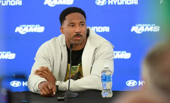 Los Angeles Rams defensive end Myles Garrett speaks to the media during a press conference following the NFL football team's practice, Tuesday, June 2, 2026, in Woodland Hills, Calif. (AP Photo/Kyusung Gong)