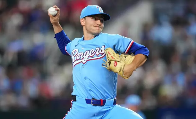 Texas Rangers pitcher Jack Leiter throws to the Kansas City Royals during the first inning of a baseball game Sunday, May 31, 2026, in Arlington. (AP Photo/Julio Cortez)