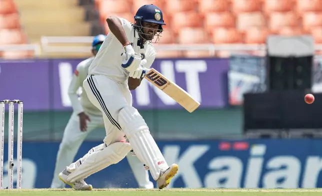 India's Sai Sudharsan bats on day one of the cricket test match between Afghanistan and India in New Chandigarh, India, Saturday, June 6, 2026. (AP Photo/Ashwini Bhatia)