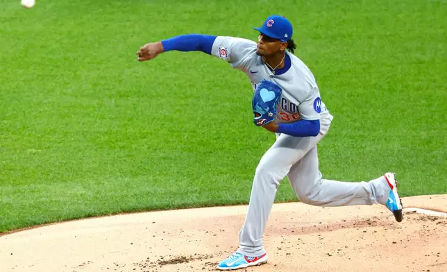 Chicago Cubs pitcher Edward Cabrera pitches against the New York Mets during the first inning of a baseball game, Tuesday, June 23, 2026, in New York. (AP Photo/Noah K. Murray)