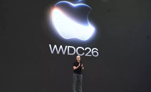 CEO Tim Cook stands on stage at the annual World Wide Developers Conference at Apple's headquarters in Cupertino, Calif., Monday, June 8, 2026. (AP Photo/Noah Berger)