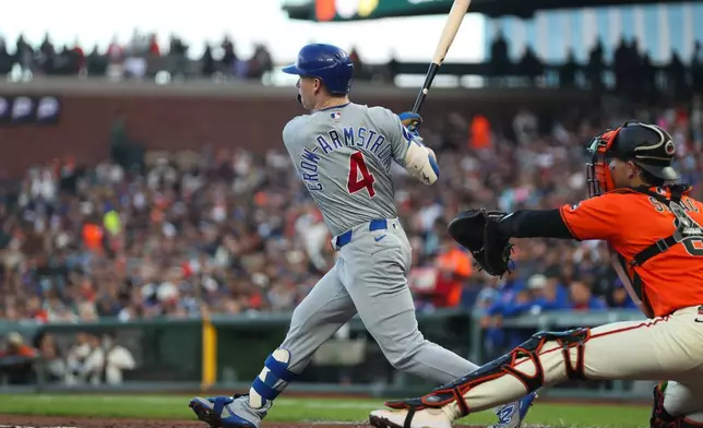 Chicago Cubs' Pete Crow-Armstrong (4) hits a double during the third inning of a baseball game against the San Francisco Giants Friday, June 12, 2026, in San Francisco, Calif. (AP Photo/Scott Marshall)