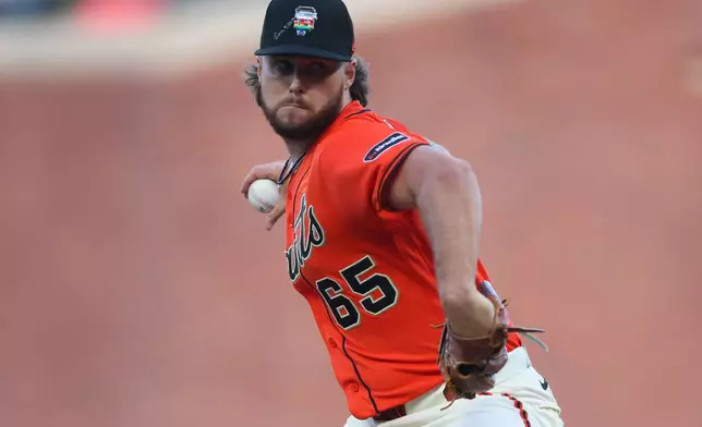 San Francisco Giants pitcher Landen Roupp throws to a Chicago Cubs batter during the first inning of a baseball game Friday, June 12, 2026, in San Francisco, Calif. (AP Photo/Scott Marshall)