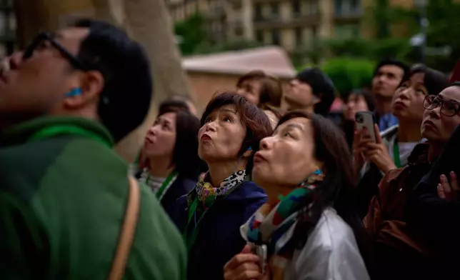Visitors admire one of the façades of Antoni Gaudí's Basilica of the Sagrada Familia in Barcelona, Spain, Friday, May 15, 2026, ahead of Pope Leo XIV's visit to the city in June. (AP Photo/Emilio Morenatti)