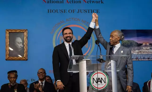 FILE - Rev. Al Sharpton, right, and Democratic mayoral candidate Zohran Mamdani, left, speak during the National Action Network's Saturday action rally at House of Justice in Harlem, Saturday, June 28, 2025, in New York. (AP Photo/Yuki Iwamura, File)