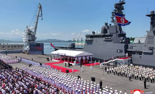 In this photo provided Wednesday, June 24, 2026, by the North Korean government, the commissioning ceremony of North Korean destroyer Choe Hyon is held at a port in Nampo, North Korea, Tuesday, June 23, 2026. Independent journalists were not given access to cover the event depicted in this image distributed by the North Korean government. The content of this image is as provided and cannot be independently verified. Korean language watermark on image as provided by source reads: "KCNA" which is the abbreviation for Korean Central News Agency. (Korean Central News Agency/Korea News Service via AP)