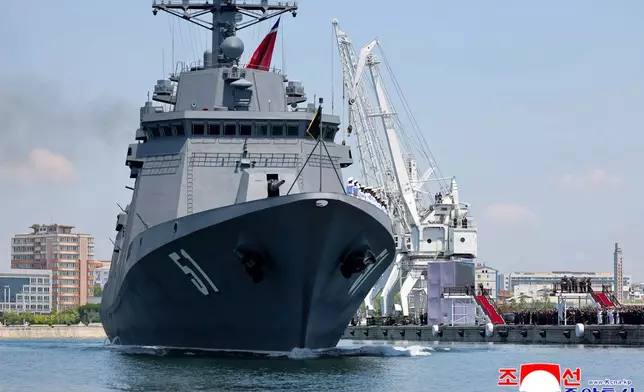 In this photo provided Wednesday, June 24, 2026, by the North Korean government, North Korean destroyer Choe Hyon leaves the port following a commissioning ceremony in Nampo Tuesday, June 23, 2026. Independent journalists were not given access to cover the event depicted in this image distributed by the North Korean government. The content of this image is as provided and cannot be independently verified. Korean language watermark on image as provided by source reads: "KCNA" which is the abbreviation for Korean Central News Agency. (Korean Central News Agency/Korea News Service via AP)