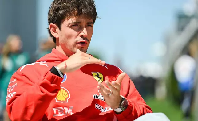Ferrari driver Charles Leclerc, of Monaco, speaks during an interview at the F1 Canadian Grand Prix auto race, Thursday, May 21, 2026, in Montreal. (Graham Hughes/The Canadian Press via AP)