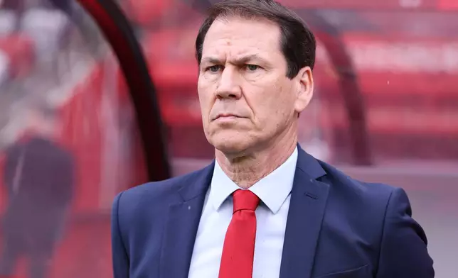 Belgium's head coach Rudi Garcia waits for the start of the international friendly soccer match between Belgium and Tunisia in Brussels, Belgium, Saturday, June 6, 2026. (AP Photo/Omar Havana)