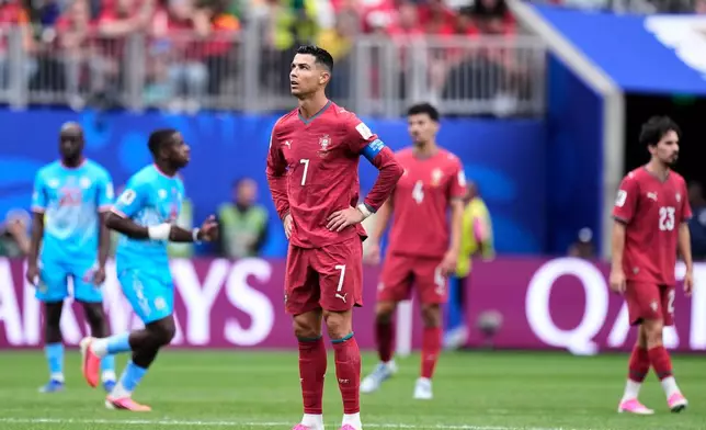 Portugal's Cristiano Ronaldo reacts during the World Cup Group K soccer match between Portugal and Congo in Houston, Wednesday, June 17, 2026. (AP Photo/Ashley Landis)