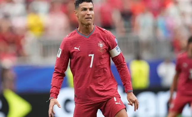 Portugal's Cristiano Ronaldo (7) reacts during the World Cup Group K soccer match between Portugal and Uzbekistan in Houston, Tuesday, June 23, 2026. (AP Photo/Eric Gay)