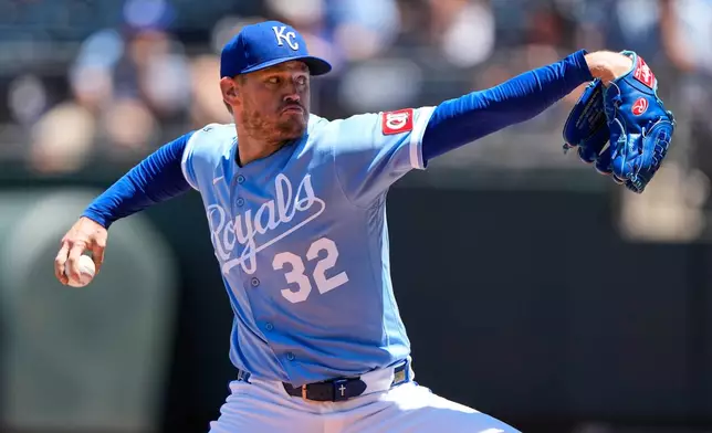 Kansas City Royals starting pitcher Stephen Kolek throws during the fourth inning of a baseball game against the Houston Astros, Sunday, June 14, 2026, in Kansas City, Mo. (AP Photo/Charlie Riedel)