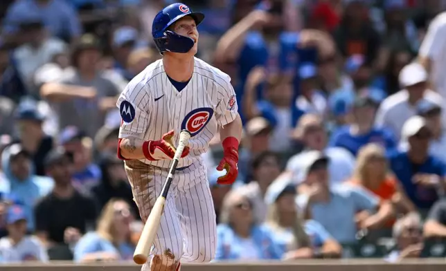 Chicago Cubs' Pete Crow-Armstrong watches his solo home run during the sixth inning of a baseball game against the San Francisco Giants in Chicago, Saturday, June 6, 2026. (AP Photo/Paul Beaty)