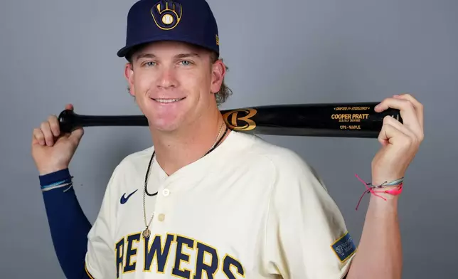 FILE - Milwaukee Brewers infielder Cooper Pratt poses for an official photo, Feb. 21, 2025. (AP Photo/Lindsey Wasson, File)