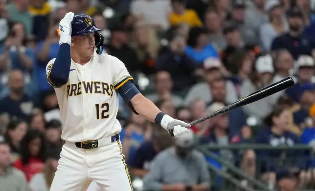 Milwaukee Brewers' Cooper Pratt bats during the third inning of a baseball game against the Cleveland Guardians, Tuesday, June 16, 2026, in Milwaukee. (AP Photo/Aaron Gash)