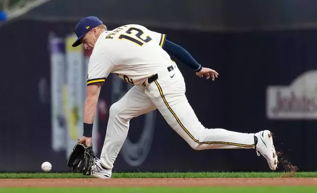 Milwaukee Brewers' Cooper Pratt fields a ground ball during the fourth inning of a baseball game against the Cleveland Guardians, Tuesday, June 16, 2026, in Milwaukee. (AP Photo/Aaron Gash)