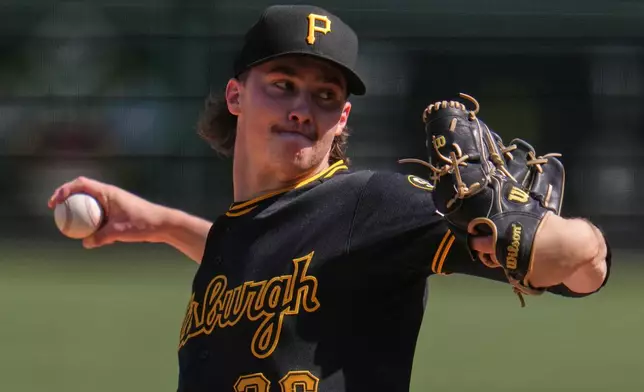 Pittsburgh Pirates pitcher Bubba Chandler delivers during the first inning of a baseball game against the Miami Marlins in Pittsburgh, Saturday, June 13, 2026. (AP Photo/Gene J. Puskar)
