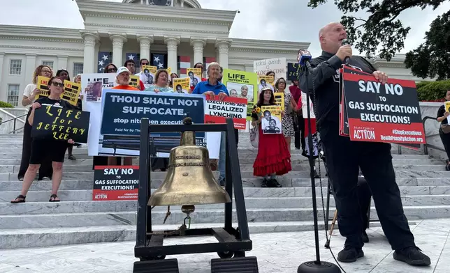 Abraham Bonowitz, of the group Death Penalty Action, leads a demonstration outside the Capitol in Montgomery, Ala., on Monday, June 8, 2026, to oppose an upcoming execution in Alabama. (AP Photo/Kim Chandler)