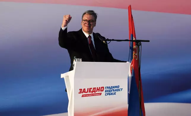 Serbian President Aleksandar Vucic addresses a rally of the ruling Serbian Progressive Party (SNS) in Belgrade, Serbia, Saturday, June 27, 2026. (AP Photo/Darko Vojinovic)