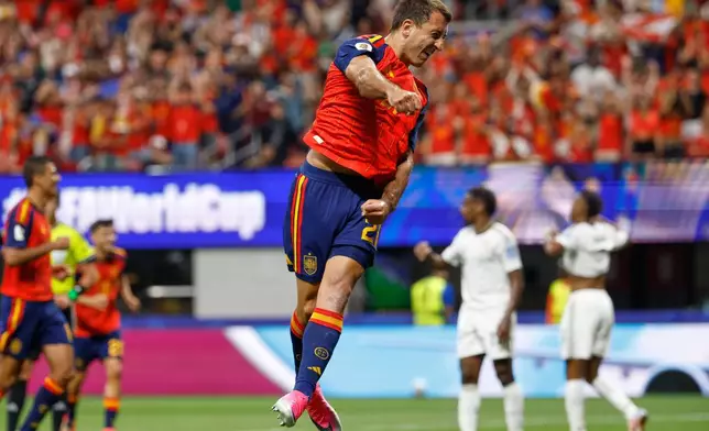 Spain's Mikel Oyarzabal celebrates after scoring during the World Cup Group H soccer match between Spain and Saudi Arabia in Atlanta, Sunday, June 21, 2026. (AP Photo/Erik S.Lesser)