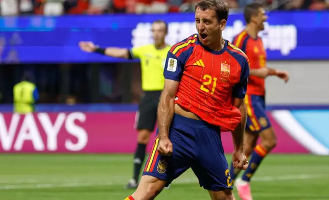 Spain's Mikel Oyarzabal celebrates after scoring during the World Cup Group H soccer match between Spain and Saudi Arabia in Atlanta, Sunday, June 21, 2026. (AP Photo/Erik S.Lesser)