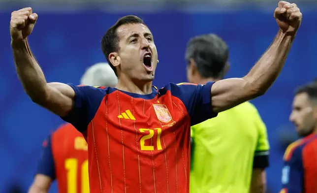 Spain's Mikel Oyarzabal celebrates after scoring during the World Cup Group H soccer match between Spain and Saudi Arabia in Atlanta, Sunday, June 21, 2026. (AP Photo/Erik S.Lesser)