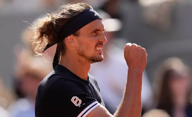 Alexander Zverev of Germany reacts as he plays against Flavio Cobolli of Italy during their men's final match at the French Open tennis tournament in Paris, Sunday, June 7, 2026. (AP Photo/Christophe Ena)