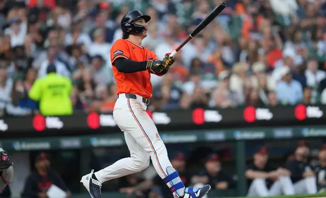 Detroit Tigers' James Outman watches his three-run home run against the Houston Astros during the fourth inning of a baseball game Friday, June 26, 2026, in Detroit. (AP Photo/Paul Sancya)