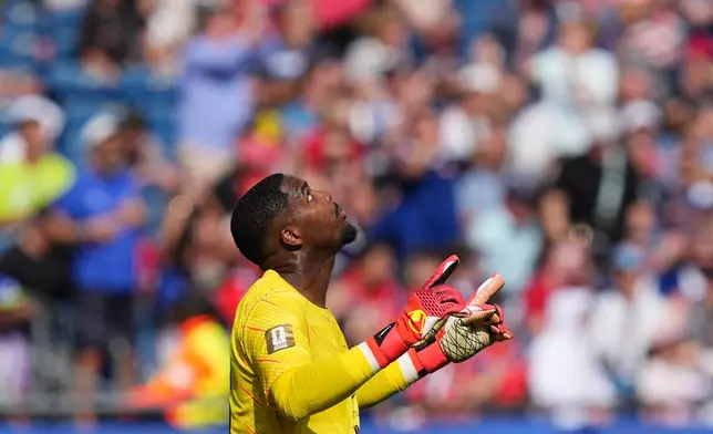France goalkeeper Mike Maignan reacts at the end of the World Cup Group I soccer match between Norway and France in Foxborough, Mass., near Boston, Friday, June 26, 2026. (AP Photo/Martin Meissner)