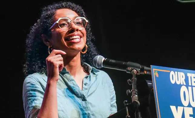 Democratic congressional candidate Darializa Avila Chevalier speaks during a Get Out The Vote rally ahead of New York's primary election, Thursday, June 18, 2026, in the Brooklyn borough of New York. (AP Photo/Ryan Murphy)