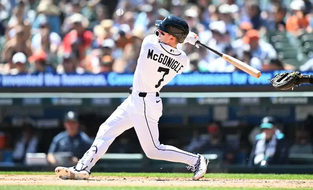 Detroit Tigers' Kevin McGonigle hits a solo home run against the Seattle Mariners in the fourth inning of a baseball game, Sunday, June 7, 2026, in Detroit. (AP Photo/Lon Horwedel)