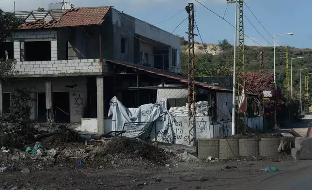 Graffiti written by Israeli soldiers is left on a house in the southern town of Naqoura, Lebanon, Thursday, June 18, 2026. (AP Photo/Bilal Hussein)