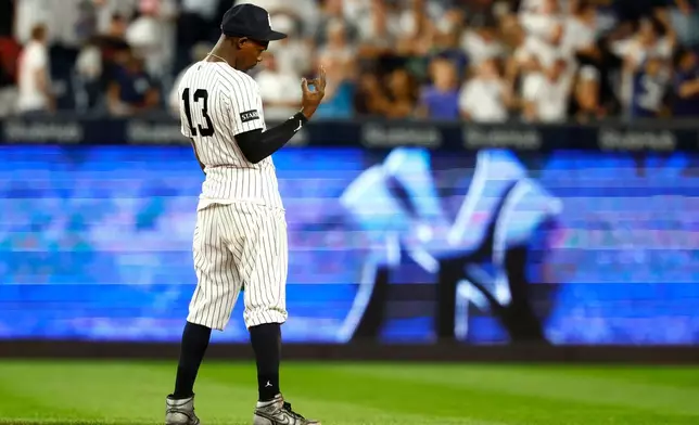 New York Yankees second baseman Jazz Chisholm Jr. reacts at the end of baseball game against the Cincinnati Reds, Friday, June 19, 2026, in New York. (AP Photo/Noah K. Murray)
