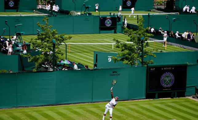 Serena Williams of the U.S. returns a shot during a practice session, ahead of the Wimbledon Tennis Championships, at the All England Lawn Tennis and Croquet Club, in London, Saturday June 27, 2026. (John Walton/PA via AP)