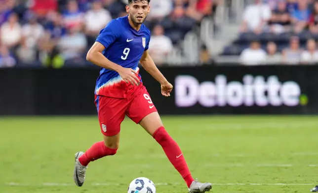 FILE - United States forward Ricardo Pepi (9) controls the ball during a friendly soccer match against the New Zealand, Tuesday, Sept. 10, 2024, in Cincinnati. (AP Photo/Jeff Dean, File)