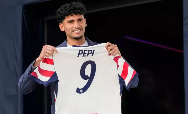 Forward Ricardo Pepi of the United States men's national soccer team is presented during the announcement of the team roster on Tuesday, May 26, 2026, in New York City, ahead of the 2026 FIFA World Cup. (AP Photo/Eduardo Munoz Alvarez)