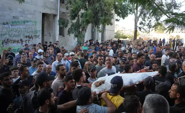 Mourners carry the body of Abdullah Qadoum, who was killed in an Israeli airstrike that targeted a tent housing Palestinians, during his funeral in Gaza City, Saturday, June 6, 2026. (AP Photo/Abdel Kareem Hana)