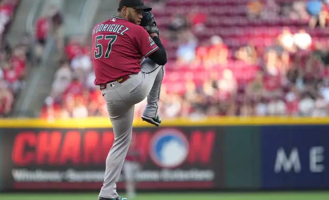 Arizona Diamondbacks pitcher Eduardo Rodriguez winds up to deliver during the first inning of a baseball game against the Cincinnati Reds, Friday, June 12, 2026, in Cincinnati. (AP Photo/Kareem Elgazzar)
