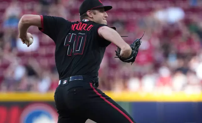 Cincinnati Reds pitcher Nick Lodolo delivers during the first inning of a baseball game against the Arizona Diamondbacks, Friday, June 12, 2026, in Cincinnati. (AP Photo/Kareem Elgazzar)