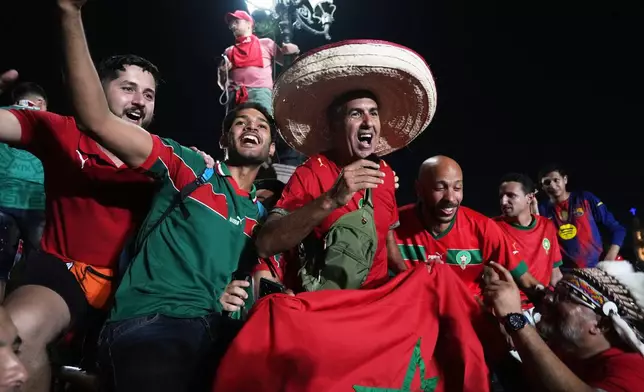 Morocco fans gather ahead of the World Cup round of 32 soccer match against Netherlands at the Macroplaza square in Monterrey, Mexico, Sunday, June 28, 2026. (AP Photo/Moises Castillo)