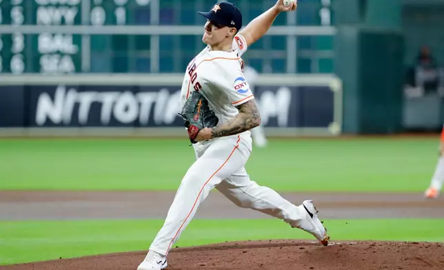 Houston Astros starting pitcher Hunter Brown throws against the Detroit Tigers during the first inning of a baseball game, Tuesday, June 16, 2026, in Houston. (AP Photo/Michael Wyke)