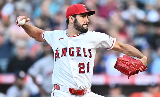 Los Angeles Angels pitcher Grayson Rodriguez delivers during the first inning of a baseball game against the Houston Astros, Monday, June 8, 2026, in Anaheim, Calif. (AP Photo/William Liang)