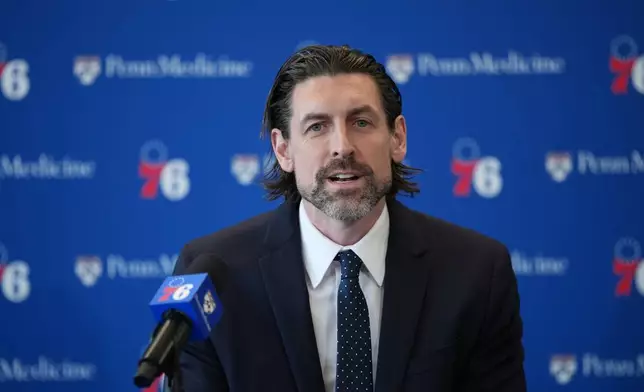 Mike Gansey, the Philadelphia 76ers' new president of basketball operations, speaks during a news conference at the NBA basketball team's training facility, Monday, June 8, 2026, in Camden, N.J. (AP Photo/Matt Rourke)