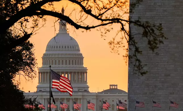 FILE - American flags fly in front of the U.S. Capitol at sunrise, Oct. 1, 2025, in Washington. (AP Photo/Julia Demaree Nikhinson, File)