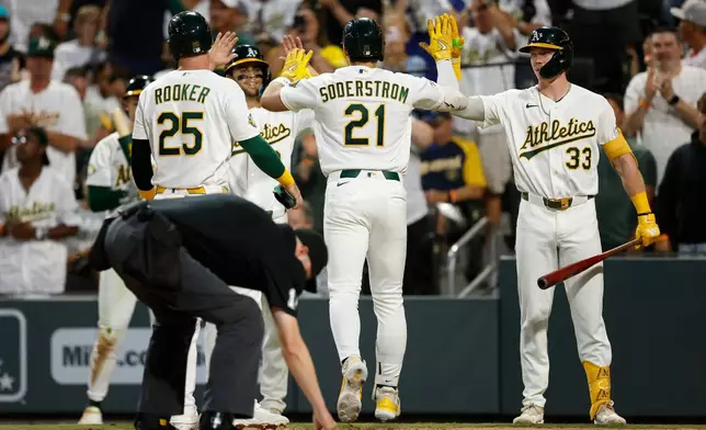 Athletics' Tyler Soderstrom (21) is greeted by teammates after hitting a three-run home run during the third inning of a baseball game against the Milwaukee Brewers, Monday, June 8, 2026, in Las Vegas. (AP Photo/Caroline Brehman)