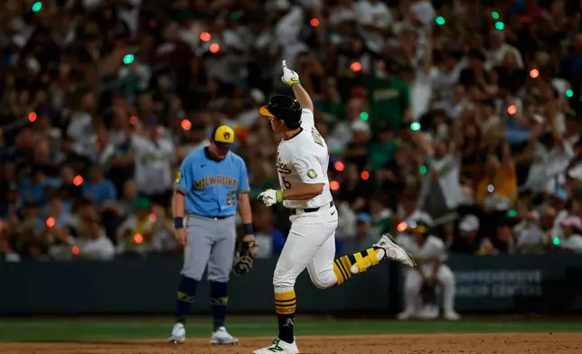 Athletics' Nick Kurtz (16) rounds the bases after hitting a solo home run during the sixth inning of a baseball game against the Milwaukee Brewers, Monday, June 8, 2026, in Las Vegas. (AP Photo/Caroline Brehman)